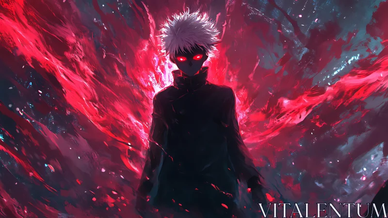 Digital painting of red-eyed antihero in explosive aura field.