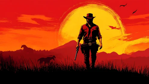 Solitary gunslinger walking into blazing frontier sunset.