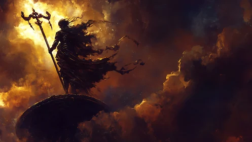 Stormborne sentinel crowned in firelit clouds of dusk.