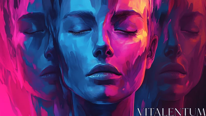 Vibrant triple portrait of serene female face in neon hues.