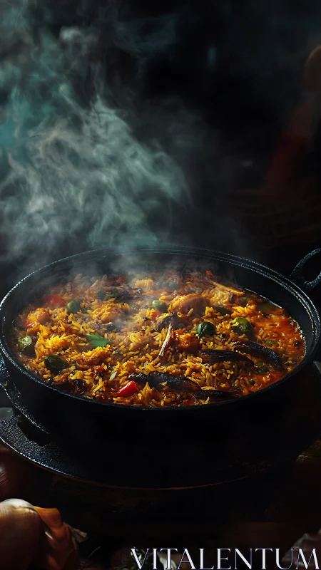 Steaming cast iron pan with rice stew on dark background.