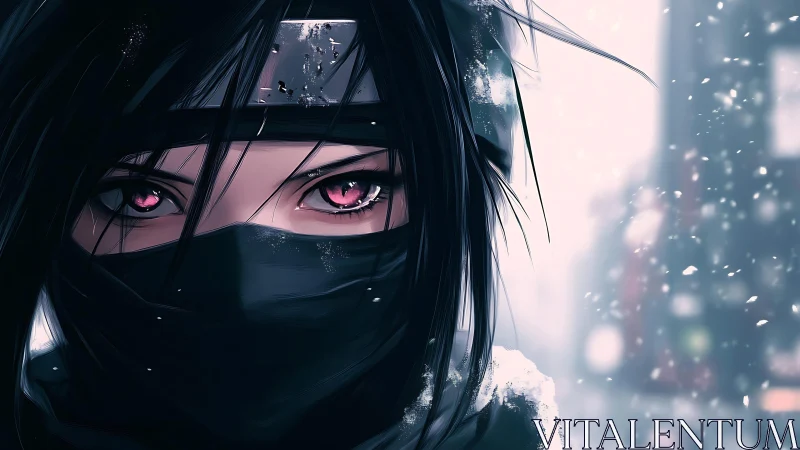 Snowlit ninja gaze with soft winter storm intensity.