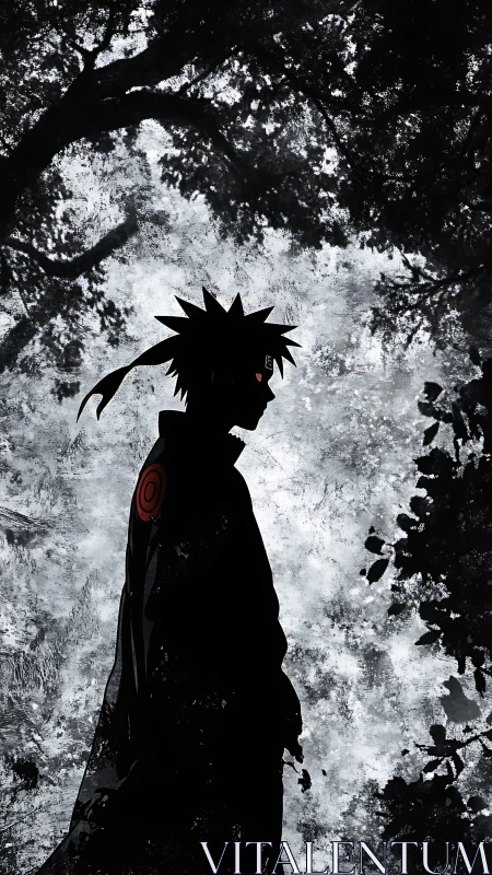 Shadowed anime wanderer beneath a moody forest sky.