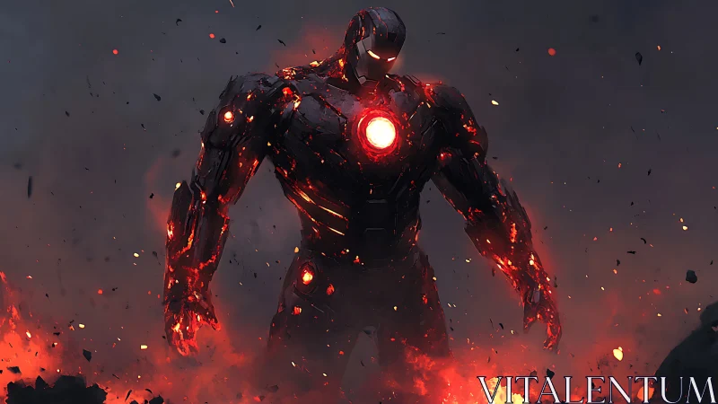 Molten armored humanoid figure in fiery debris field.