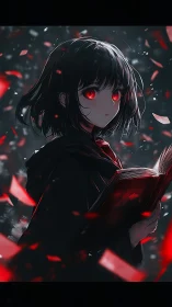 Girl with red eyes reads illuminated book amid particles
