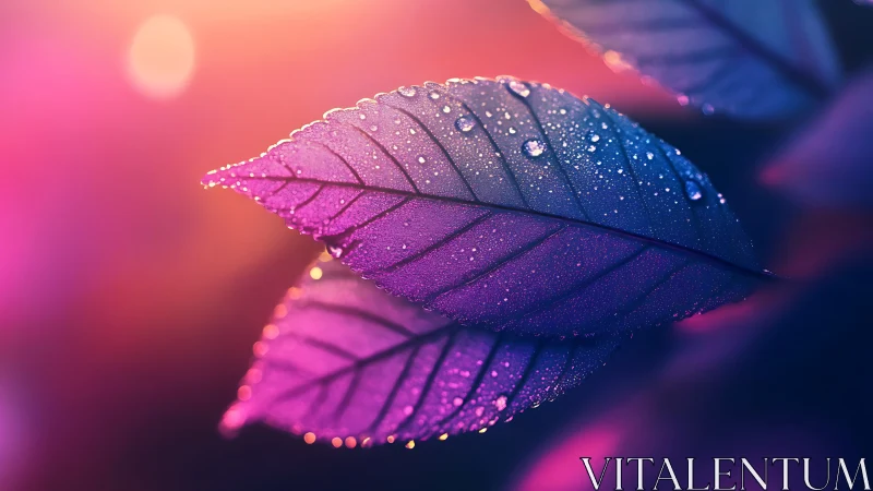 Iridescent macro leaf study with neon bokeh gradient lighting.
