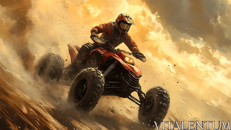 Off-road quad bike drifting through sunlit desert dust storm