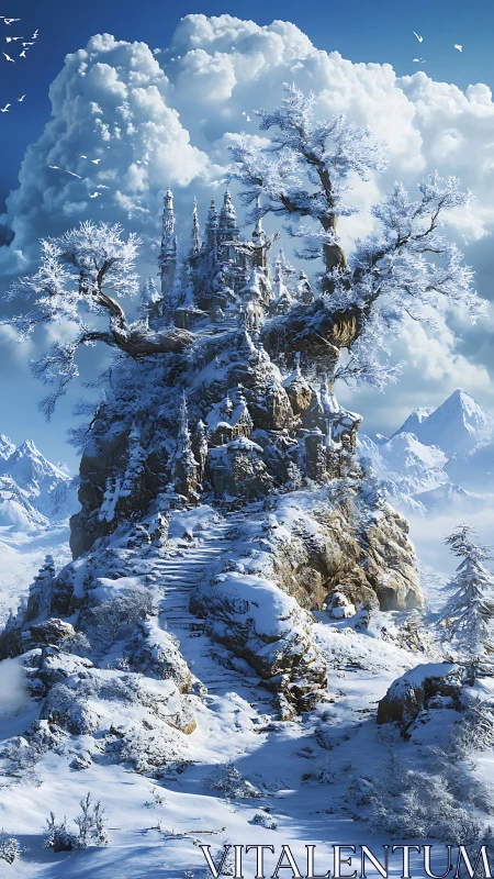 Vertical winter citadel perched on rocky outcrop under cumulus