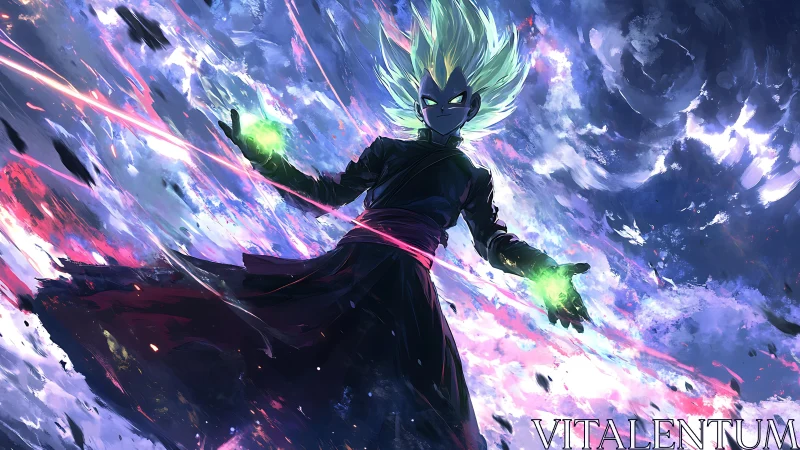 Storm-wreathed energy mage amid cosmic lightning clash.