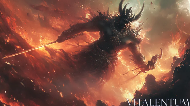 Infernal warlord rising through apocalyptic firestorm sky.