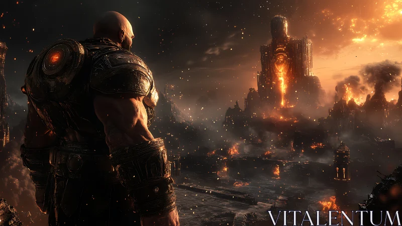 Armored figure observing burning citadel in volcanic dusk.