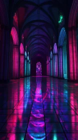 Neon cathedral corridor glows with reflective stained light.