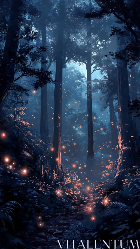 Enchanted Forest Path Illuminated by Floating Luminescent Particles