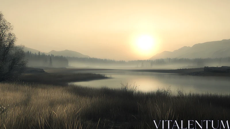 Gentle sunrise over a quiet misty lake and distant pines.