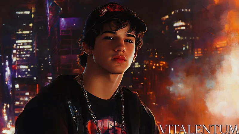 City lights and a quiet gaze in an urban night portrait.