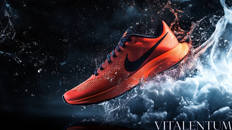 Dynamic orange running shoe suspended amid high-speed water impact