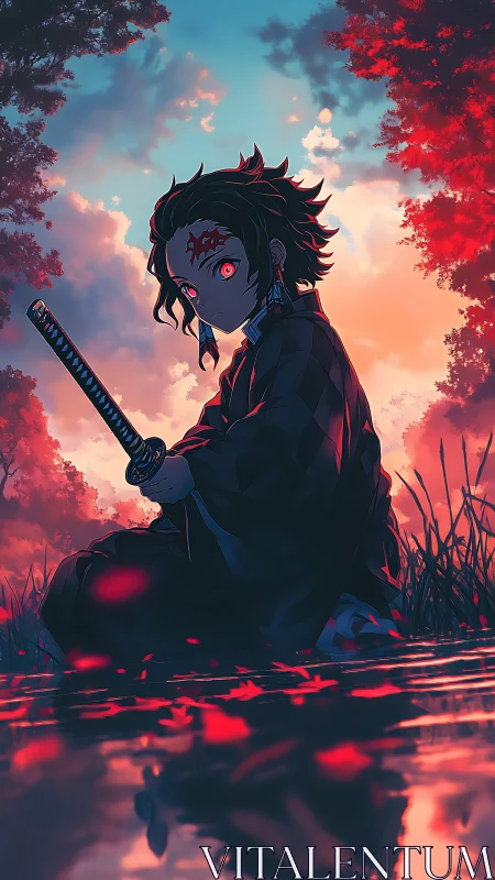 Sword-wielding figure by reflective water at sunset light.