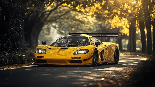 Yellow sports car on forest road under warm daylight.