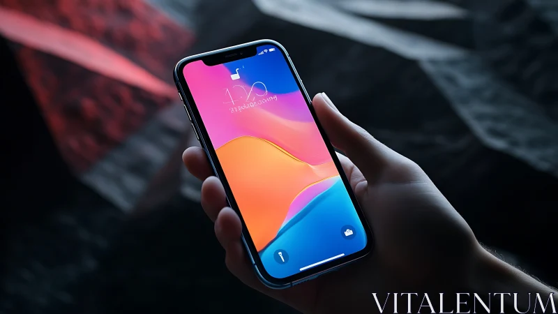 Modern Smartphone with Vibrant Gradient Wallpaper Held in Hand.