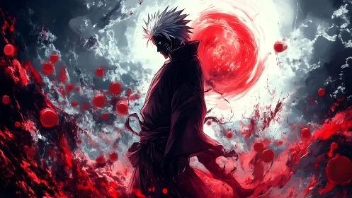 Lone warrior stands before burning crimson energy sphere