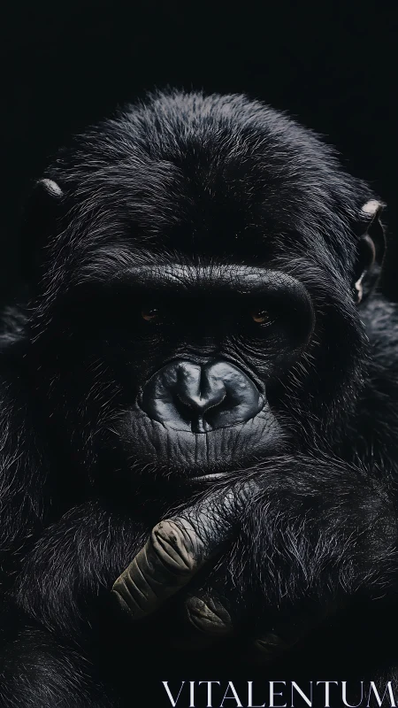 Brooding gorilla portrait in dramatic low key lighting.