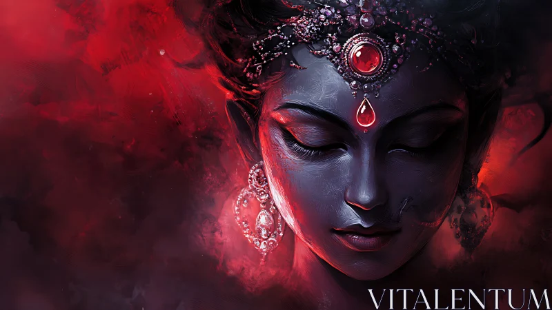 Radiant goddess portrait glows softly in red and shadow