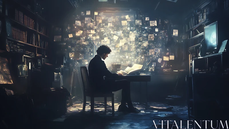 Solitary researcher decodes evidence wall under radiant glow.