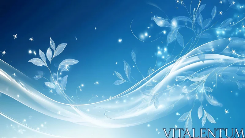 Luminous white vines swirl through a glowing blue sky.