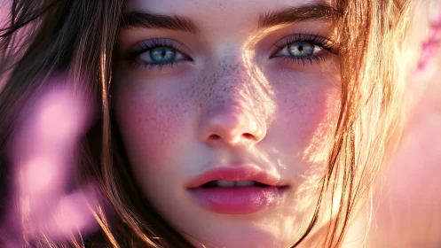 Sunlit close-up portrait with delicate freckles and blooms.