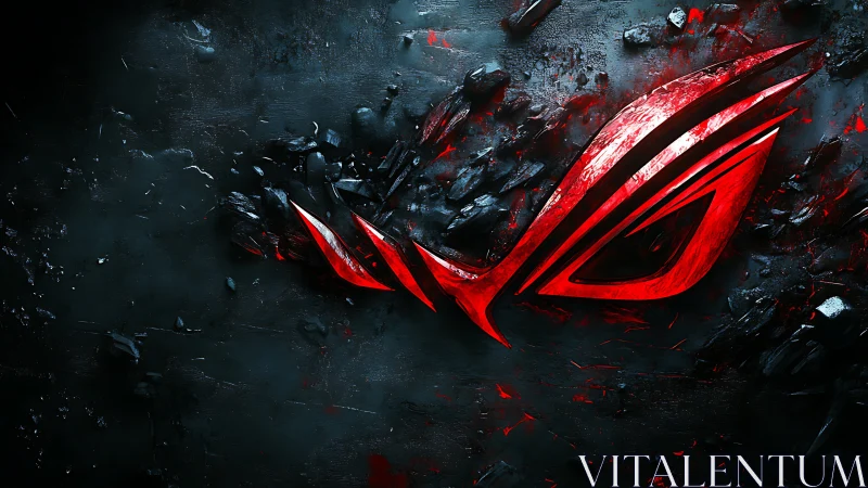 Shattered rock field with glowing red angular emblem centerpiece.