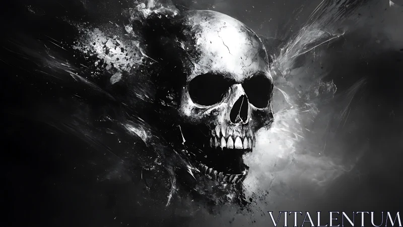 Monochrome skull explosion in high-contrast digital painting.