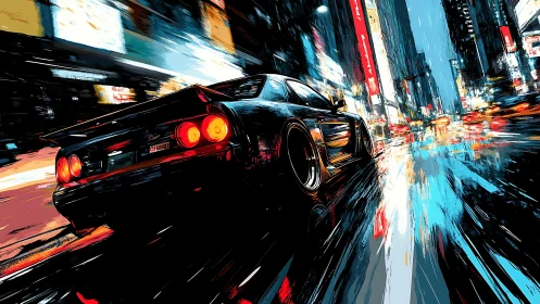 Sport car speeds through neon city street at night.