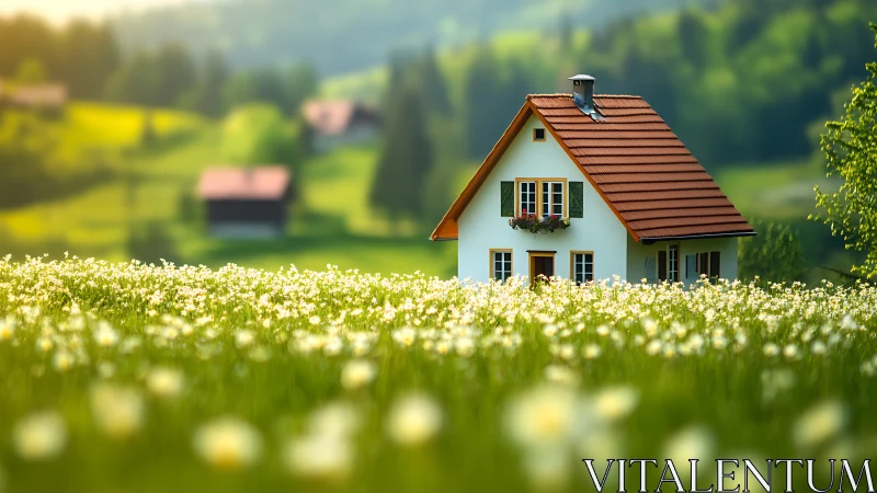Country house stands in sharp focus amid blurred meadow