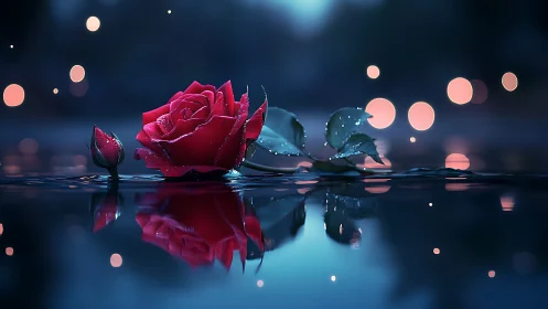 Red Rose with Water Droplets and Bokeh Lights
