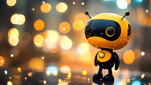 Glossy yellow-black robot stands against defocused bokeh lights