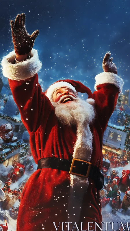 Snowburst Santa laughing under midnight Christmas sky.