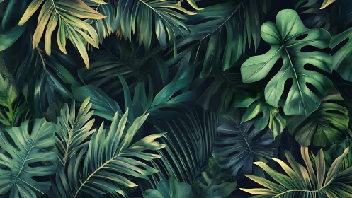 Dense tropical foliage fills frame with layered green leaves