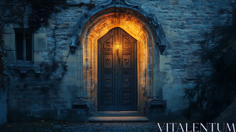 Midnight stone archway glows around a secretive blue door.