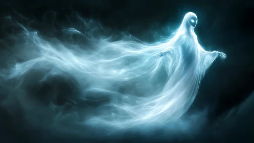 Ethereal humanoid figure formed from luminous mist flows.