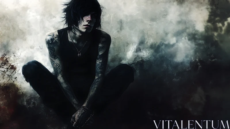 Digital painting of brooding tattooed youth in stormy chiaroscuro.