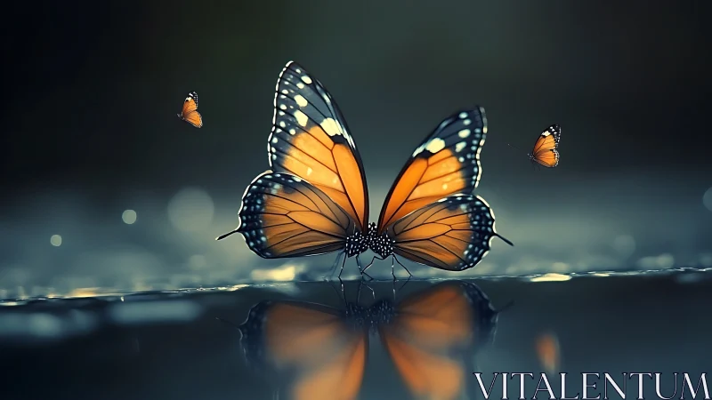 Orange butterflies near water surface with reflected wings.