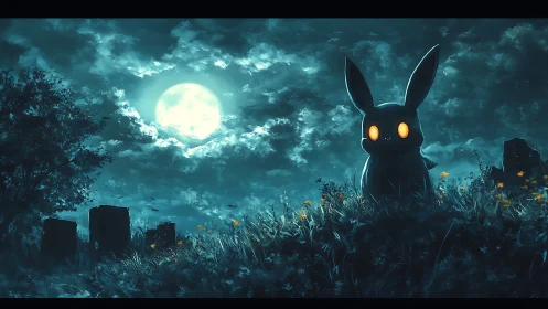Glowing-eyed creature watches moonlit graveyard slope.