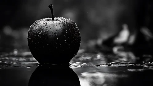 Glistening apple in the rain, shining softly in the dark.