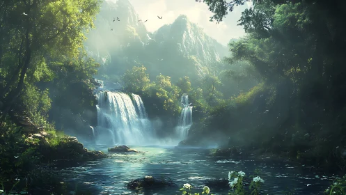 Multi tier forest waterfall in misty backlit mountain gorge