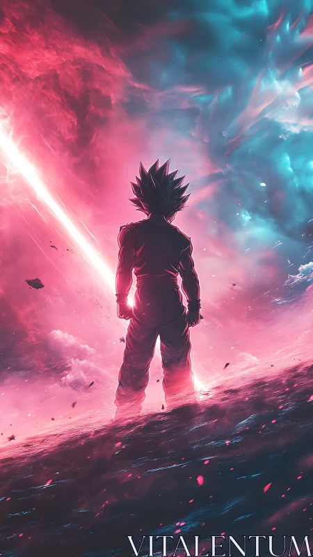 Backlit anime warrior in bifurcated nebular energy field.