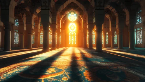 Golden sunrise filling a tranquil, ornate hall with warmth.