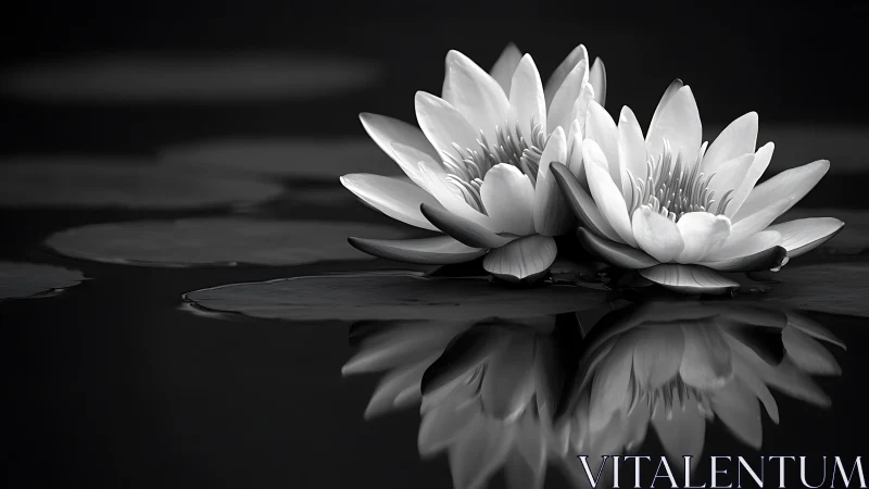 Water Lilies Reflected in Still Black Water.