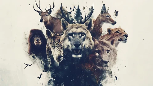 Double-exposure wildlife composite with wolf, lions, deer, and forest silhouettes integrated