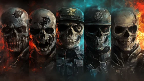 Flaming skeletal soldiers lined in infernal battlefield portrait.
