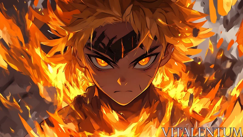 Fiery anime warrior stares forward through engulfing flames